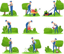 Gardener Maintenance Backyard. Man Pruning Garden Hedge Plant, Trim Tree Care Jardin Cutting Grass Lawn Mower Garden Landscape Worker With Wheelbarrow