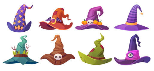 Wall Mural - Sorceress hats. Halloween wizard hat, magic cap evil mage sorcerer hallowen holiday costume elements, fantasy witch old caps game magician masquerade, ingenious vector illustration