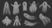 Transparent Ghost. Translucent Ghosts Shadow Halloween Spooky Creatures, Soul Phantom Ghostly Fog Smoke Spirit Face Creepy Mist Effect, Horror Concept Ingenious Vector Illustration