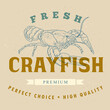 Crayfish logo template on a craft background. Retro label for the menu of fish restaurants, markets and shops. Vintage vector illustration crayfish in the style of an old engraving.