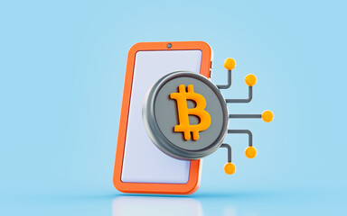 Wall Mural - bitcoin sign with smartphone 3d render concept for crypto networking connectivity