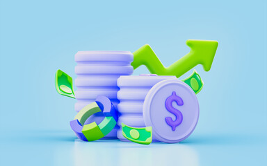 Wall Mural - dollar note coin with up arrow sign 3d render concept for sales profit analysis