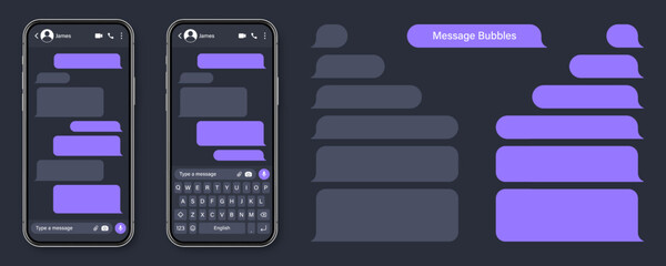 Realistic smartphone with messaging app. Blank SMS text frame. Conversation chat screen with violet message bubbles. Social media application. Vector illustration.