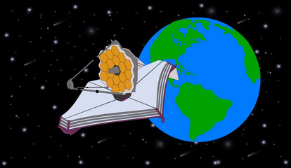 Wall Mural - james webb telescope in outer space near blue planet earth. vector illustration. elements of this im