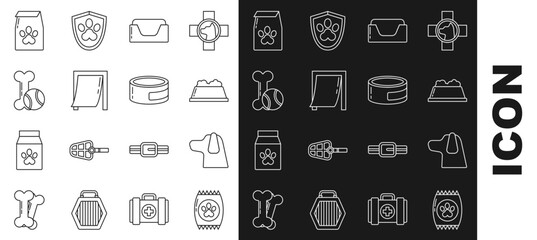 Poster - Set line Bag of food for pet, Dog, Pet bowl, bed, Door, toys bone rubber and ball, and Canned icon. Vector