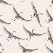 Seamless Pattern Of Sketches Flying Heron Flock In Sky