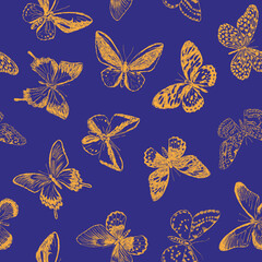 Seamless pattern of outline silhouettes various flying butterflies