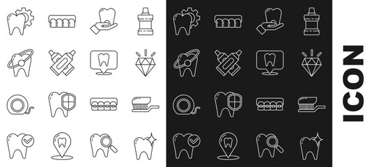 Poster - Set line Tooth whitening concept, Toothbrush with toothpaste, Diamond teeth, Crossed tube of, treatment procedure and Dental clinic location icon. Vector