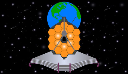 Wall Mural - james webb telescope in a front of blue planet earth in outer space close up. vector illustration. e