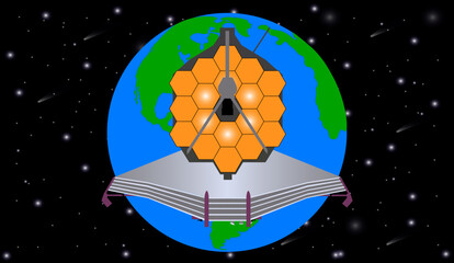 Wall Mural - james webb telescope in a front of blue planet earth in outer space. vector illustration. elements o