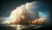 Raster Illustration Of Black Clouds Of Smoke With Skylight. Thunderstorm, Hurricane At Sea, Tornado, Lightning, Environmental Disaster, Environmental Pollution, Beauty Of Nature. 3D Render Background