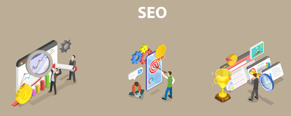 Wall Mural - 3d isometric flat vector conceptual illustration of seo optimization, web analytics social media mar