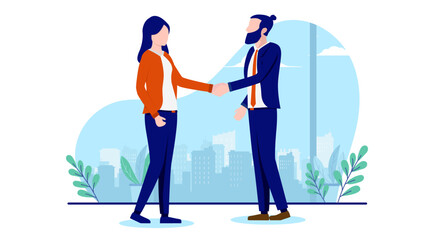 Aufkleber - Businesswoman and businessman handshake - Man and woman shaking hands in business deal and agreement. Flat design vector illustration with white background
