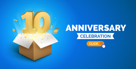 Anniversary birthday 10 years golden background. Happy vector poster 10th anniversary confetti celebration poster.