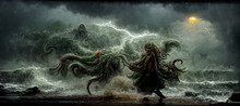 Cthulhu Walking Through The Sea Waves Crashing Gloomy Digital Art Illustration Painting Hyper Realistic