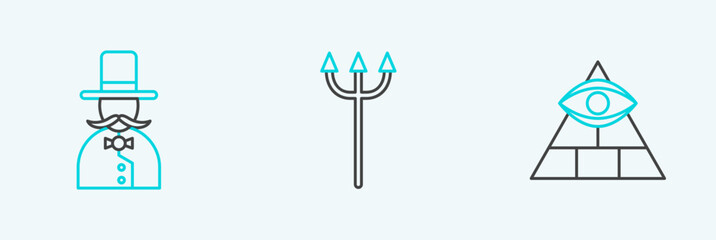 Poster - Set line Masons, Magician and Neptune Trident icon. Vector