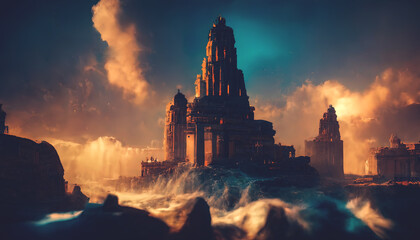 Abstract fantasy landscape, ancient stone temple, neon sunset. Fantasy city on the coast. Atlantis, the lost underwater city. 3D illustration.