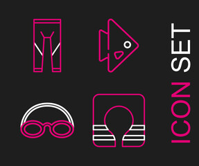 Sticker - Set line Life jacket, Glasses and cap, Fish and Wetsuit icon. Vector