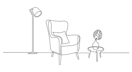 Wall Mural - One continuous line drawing of armchair and lamp and potted plant. Modern rustic cozy furniture for living room interior in simple linear style. Editable stroke. Doodle Vector illustration