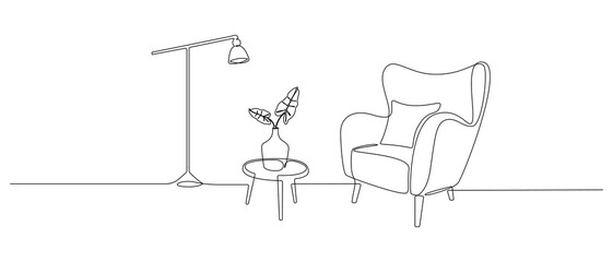 Aufkleber - One continuous line drawing of armchair and lamp and potted plant. Modern rustic comfort furniture for living room interior in simple linear style. Editable stroke. Doodle Vector illustration