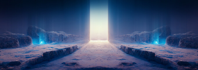 abstract fantasy glacial winter cold neon landscape. winter snowy landscape. winter background, ice,