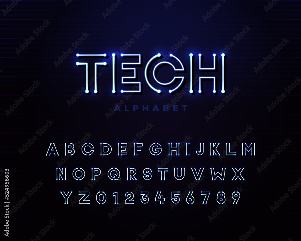 Tech vector font typeface unique design with led neon light lamps. For technology, circuits, engineering, digital , gaming, sci-fi and science subjects.
