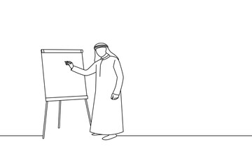 Cartoon of arab businessman giving presentatio with flipchart. Line art style