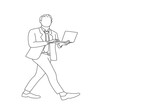 Fototapeta Psy - Drawing of young business man happy smile go walk type report chat laptop isolated over white background. Outline drawing style art