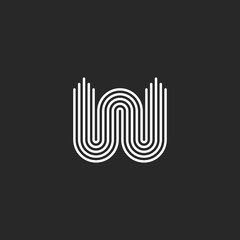 Wall Mural - Letter W logo minimal monogram initial curved form, smooth parallel black and white thin lines wavy pattern, waves linear shape.