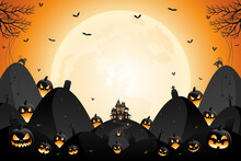Halloween Haunted House, Pumpkin Lanterns And Spooky Trees With Orange Sky And Moonlight Background.