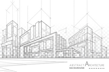 3D illustration Imagination architecture building construction perspective design, abstract modern urban building out-line black and white drawing.
