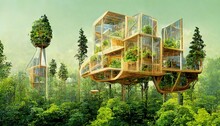 Spectacular Image Of A Sustainable Tree House Surrounded By Greenery In The Woods For ESG Concept. Eco-friendly House With Modern Design And Solar Panel On A Tree. Digital Art 3D Illustration.