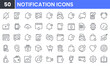 © Gofficon - Notification vector line icon set. Contains linear outline icons like Bell, Message, Notice, Alert, Alarm, Calendar, Ring, Phone, Mute, Event. Editable use and stroke.