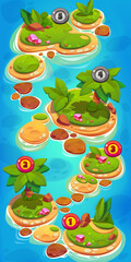 Wall Mural - game ui level map islands in ocean with crystals, palm trees, green grass, rocks and numbers. cartoo