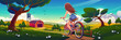 Girl on bicycle riding rural dirt farm road. Young woman bike trip, travel at beautiful landscape with barn, trees and green field under blue sky. Summer holidays journey, Cartoon vector illustration