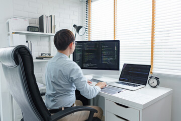 Wall Mural - software development concept, male programmer typing data code and working on multiple screens