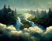 A Magnificent New Land With Cloud, River, Forest And Mountains Under Bird View. Concept Art Scenery. Book Illustration. Video Game Scene. Serious Digital Painting. CG Artwork Background.
