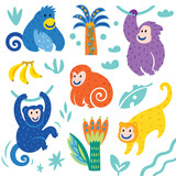 Fototapeta  - Collection of cute funny monkeys and palms trees. Vector illustration