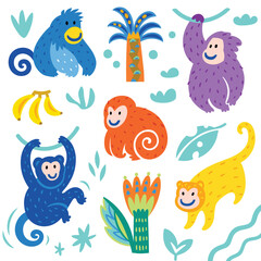 Wall Mural - Collection of cute funny monkeys and palms trees. Vector illustration