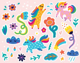 Fototapeta Dinusie - Festive stickers set with unicorns, flowers and clouds. Vector illustration
