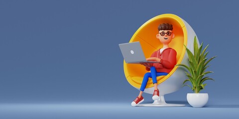 The concept of distance work, study and communication in comfortable conditions at home. Cartoon character sits is resting in a chair and watching a video on a laptop. 3d illustration.