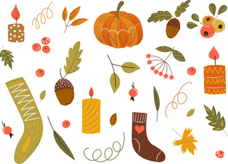 Wall Mural - set of doodle autumn items in flat style isolated, vector