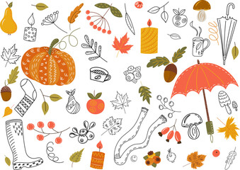 Wall Mural - set of doodle autumn items in flat style isolated