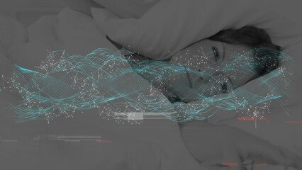 Poster - Animation of glitch technique, dots and waves forming dna helix over caucasian woman lying on bed