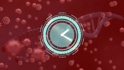 Sticker - Animation of blue timer spinning over dna helix and biological cells floating on brown background