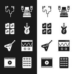 Poster - Set Electric bass guitar, Music file document, Air headphones, recording studio, Oscilloscope, Drum machine and Online play video icon. Vector