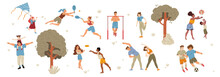 Summer Outdoor Leisure Activities, Sport Exercises In Park. Vector Flat Illustration Of People Playing With Ball, Frisbee, Kite, Tennis, Training, Stretching, Walk With Kids