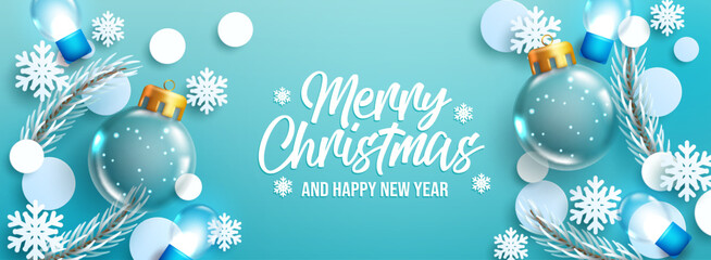 Wall Mural - Christmas season greeting vector design. Merry christmas typography text with crystal ball, xmas light and fir leaves element for winter holiday messages. Vector illustration.
