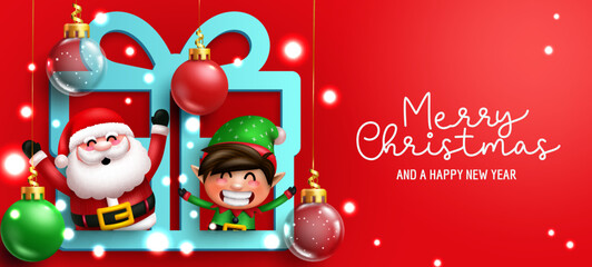 Wall Mural - christmas greeting characters vector design. merry christmas text with santa claus and elf character