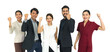 © chadchai - Team of successful young people standing together. Everyone raise the fist up with a smile. Portrait on white background with studio light.